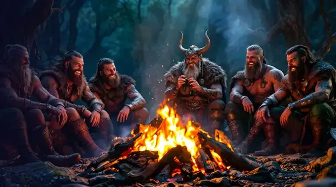 About Axe Casino: Viking warriors gathered around a campfire