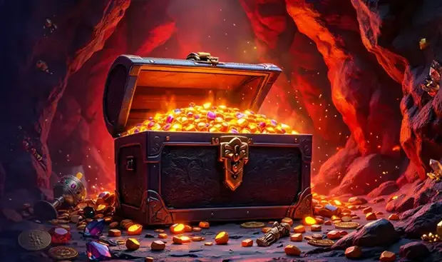 Axe Casino Australia banking artwork with an open chest full of gold coins