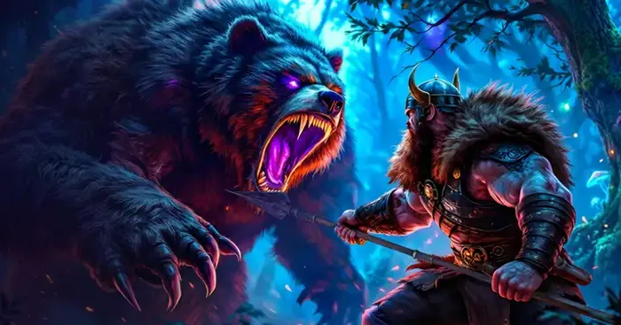 Axe Casino welcome offer artwork with a Viking facing a giant bear
