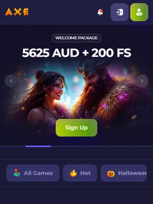Axe lobby on a phone browser with the welcome package banner